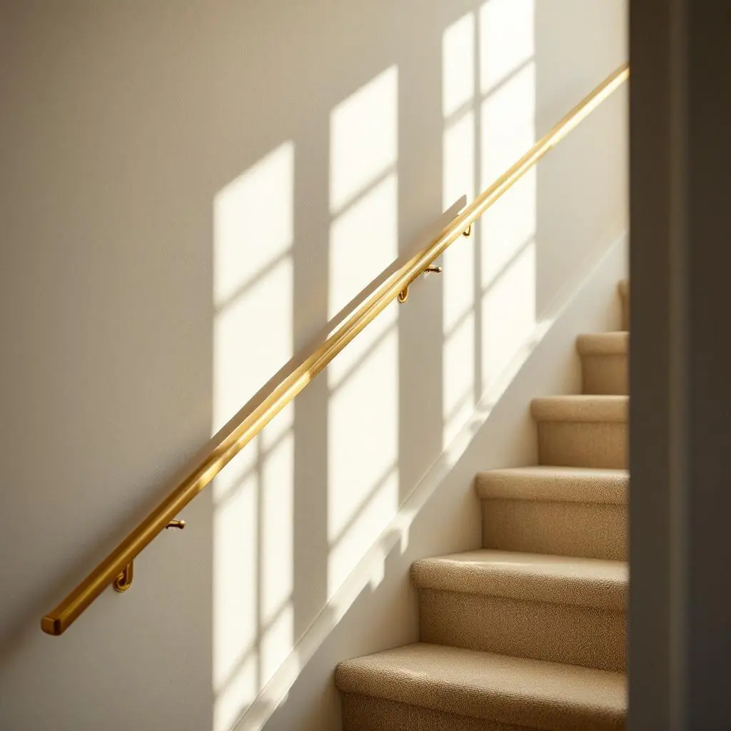 Stair landing interior detail with morning light on limewashed plaster and brass handrail