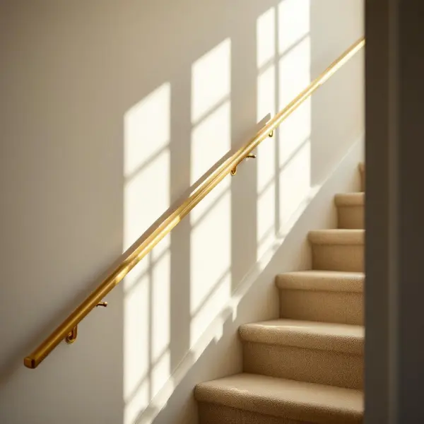 Stair landing interior detail with morning light on limewashed plaster and brass handrail