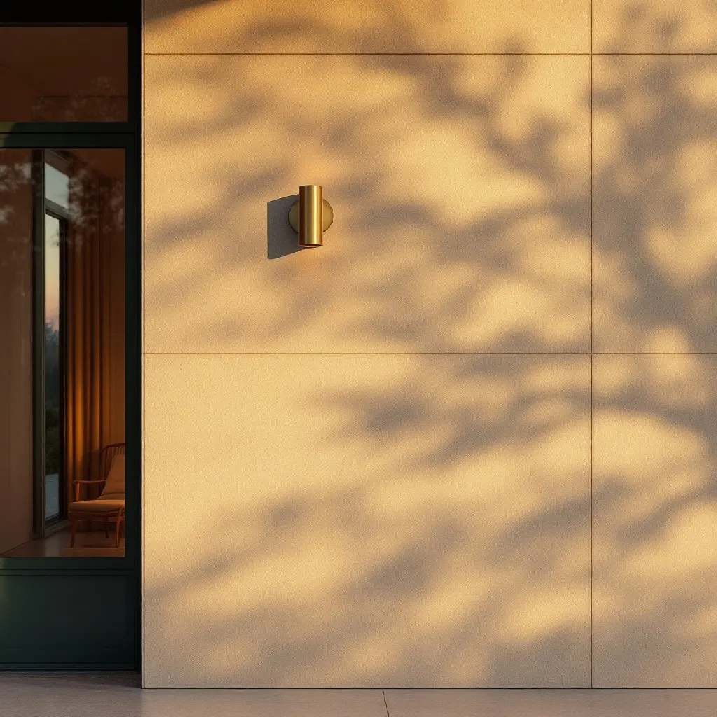 Modern residence exterior corner detail at golden hour, limestone and deep green trim with brass sconce