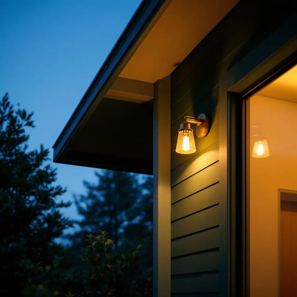 Modern home exterior corner at twilight with green siding, glowing window, brass fixture