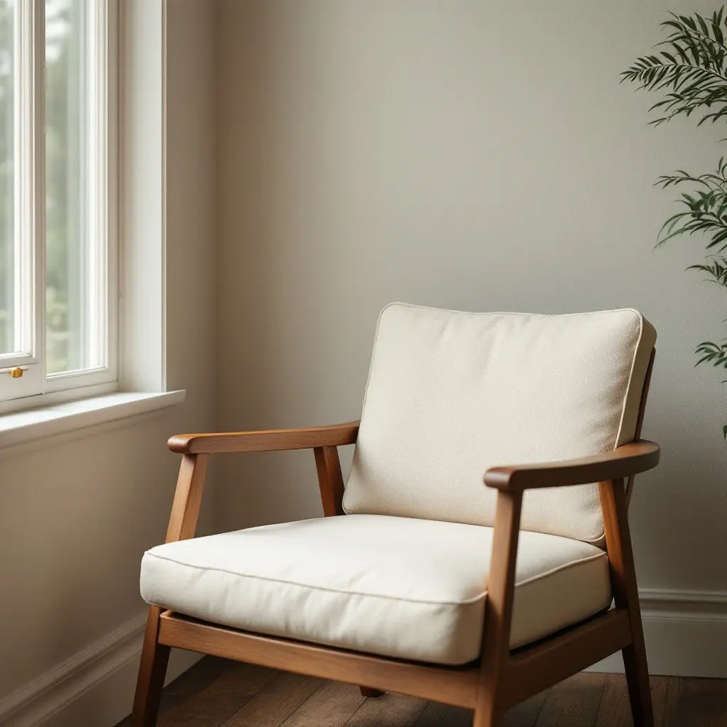 Single armchair by window with walnut frame and cream linen upholstery, limewashed wall