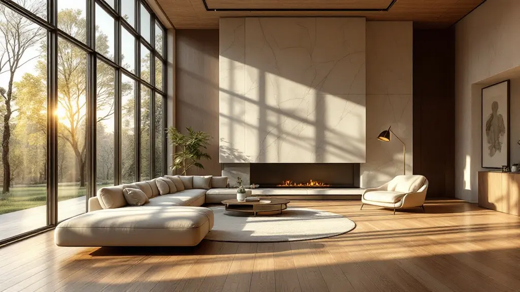 Modernist living room with warm golden light